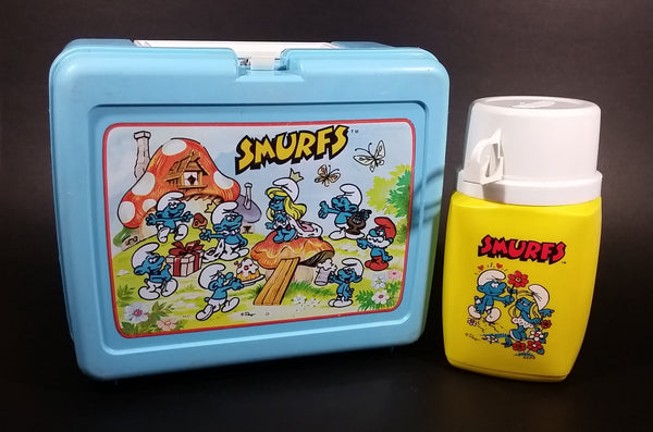 Vintage Collectible 1980s Thermos Brand Smurfs Blue Lunchbox with Yellow 8 oz Thermos - Treasure Valley Antiques & Collectibles