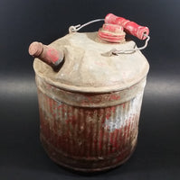 Vintage Round Red Galvanized Metal Gas Gasoline Fuel Canister Can w/ Wood Handle and caps - Treasure Valley Antiques & Collectibles