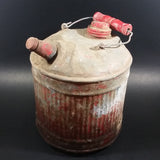 Vintage Round Red Galvanized Metal Gas Gasoline Fuel Canister Can w/ Wood Handle and caps - Treasure Valley Antiques & Collectibles