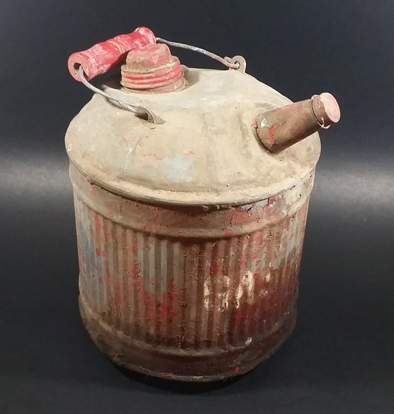 Vintage Round Red Galvanized Metal Gas Gasoline Fuel Canister Can w/ Wood Handle and caps - Treasure Valley Antiques & Collectibles