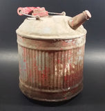 Vintage Round Red Galvanized Metal Gas Gasoline Fuel Canister Can w/ Wood Handle and caps - Treasure Valley Antiques & Collectibles