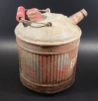 Vintage Round Red Galvanized Metal Gas Gasoline Fuel Canister Can w/ Wood Handle and caps - Treasure Valley Antiques & Collectibles