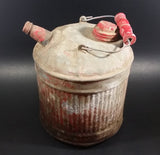 Vintage Round Red Galvanized Metal Gas Gasoline Fuel Canister Can w/ Wood Handle and caps - Treasure Valley Antiques & Collectibles