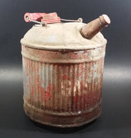 Vintage Round Red Galvanized Metal Gas Gasoline Fuel Canister Can w/ Wood Handle and caps - Treasure Valley Antiques & Collectibles