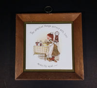 Vintage Holly Hobbie "The simplest things served with love mean the most" Wood Framed Ceramic Tile Trivet - Treasure Valley Antiques & Collectibles