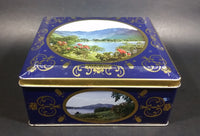 Vintage St Michael Marks & Spencer Biscuits Tin Blue with Gold Motif -  Lake Scenes on each side - Treasure Valley Antiques & Collectibles