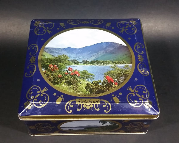 Vintage St Michael Marks & Spencer Biscuits Tin Blue with Gold Motif -  Lake Scenes on each side - Treasure Valley Antiques & Collectibles