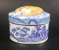 Collectible Blue Willow Blue and White Tin With Orange and White Sleeping Kitty Cat - Treasure Valley Antiques & Collectibles