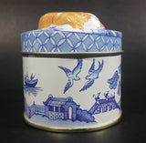 Collectible Blue Willow Blue and White Tin With Orange and White Sleeping Kitty Cat - Treasure Valley Antiques & Collectibles