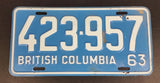 1963 Beautiful British Columbia Light Blue with White Letters Vehicle License Plate 423 957 - Treasure Valley Antiques & Collectibles