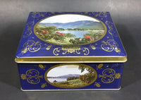 Vintage St Michael Marks & Spencer Biscuits Tin Blue with Gold Motif -  Lake Scenes on each side - Treasure Valley Antiques & Collectibles