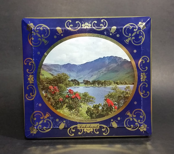 Vintage St Michael Marks & Spencer Biscuits Tin Blue with Gold Motif -  Lake Scenes on each side - Treasure Valley Antiques & Collectibles