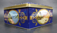 Vintage St Michael Marks & Spencer Biscuits Tin Blue with Gold Motif -  Lake Scenes on each side - Treasure Valley Antiques & Collectibles