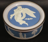 Vintage Round Light Blue and White Cameo Embossed Angels and Babies Tin Storage Container - Treasure Valley Antiques & Collectibles