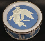Vintage Round Light Blue and White Cameo Embossed Angels and Babies Tin Storage Container - Treasure Valley Antiques & Collectibles
