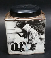 Black and White Photograph Cocoa Storage Tin of a Boy and a Girl Sitting in Different Scenes - Treasure Valley Antiques & Collectibles