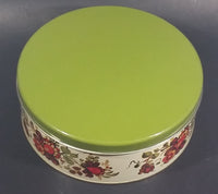 Vintage Round Red Orange Floral Flower White w/ Green Lid Tin Storage Container - Treasure Valley Antiques & Collectibles