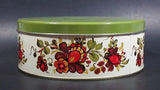 Vintage Round Red Orange Floral Flower White w/ Green Lid Tin Storage Container - Treasure Valley Antiques & Collectibles