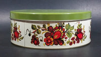 Vintage Round Red Orange Floral Flower White w/ Green Lid Tin Storage Container - Treasure Valley Antiques & Collectibles