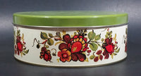 Vintage Round Red Orange Floral Flower White w/ Green Lid Tin Storage Container - Treasure Valley Antiques & Collectibles