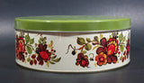 Vintage Round Red Orange Floral Flower White w/ Green Lid Tin Storage Container - Treasure Valley Antiques & Collectibles