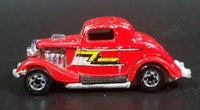 Rare 1987 Hot Wheels 3-Window '34 Red w/ Yellow White Black ZZ Die Cast Toy Car Hot Rod Vehicle