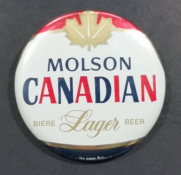 Molson Canadian Biere Lager Beer Round Collectible Red Blue White Gold Leaf Button Pin - Treasure Valley Antiques & Collectibles