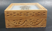 Hand Crafted Wooden Carved Jewelry Trinket Hinged Box with Gemstone Flower Design Under Glass - Treasure Valley Antiques & Collectibles