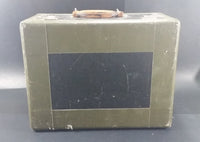 Vintage McBrine Travel Baggage Suitcase with Brown Leather Handle Blue Lining - Made in United Kingdom - Treasure Valley Antiques & Collectibles