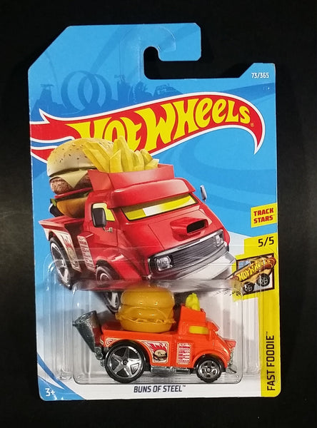 2018 Hot Wheels Track Stars Fast Foodie Buns of Steel Burger & Fries Truck Orange Die Cast Toy Car Vehicle - New in Package Sealed - Treasure Valley Antiques & Collectibles