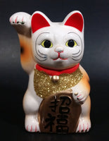 Vintage Chinese Good Luck Cat Kitty Waving Ceramic Figurine White with Gold Vest and Sign - Treasure Valley Antiques & Collectibles