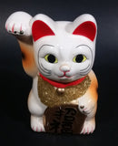 Vintage Chinese Good Luck Cat Kitty Waving Ceramic Figurine White with Gold Vest and Sign - Treasure Valley Antiques & Collectibles