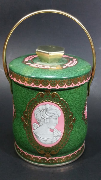 Vintage Murray Allen Imported Quality Confections Enchantress Green Pink Cameo Style Tin Container with Handle - Treasure Valley Antiques & Collectibles