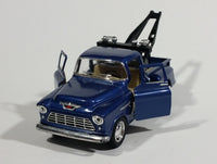 Kinsmart 1955 Chevy Stepside Pickup Tow Truck Blue Friction Pull Back Die Cast Toy Car Vehicle with Opening Doors - Missing the hook and the strings - Treasure Valley Antiques & Collectibles