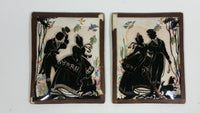 Set of 2 Vintage Victorian Couple Black Silhouette with Colorful Background Pictures in Small Bowed Glass Leather Edged Framed Art - Treasure Valley Antiques & Collectibles