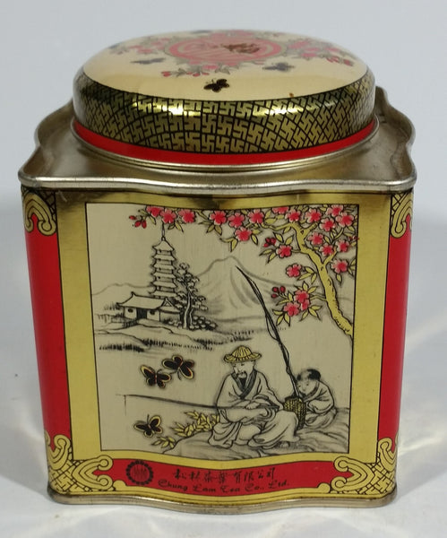 Chung Nam Tea Co. Ltd. Chinese Tea Pu Li Tea Red and Gold Scenic Butterfly Metal Tin Container - Treasure Valley Antiques & Collectibles