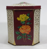 Vintage Mid-Century Riley's Variety Toffee Yellow and Orange Floral Red Burgundy with Gold Motif on Cream White Hinged Metal Tin Container - Treasure Valley Antiques & Collectibles