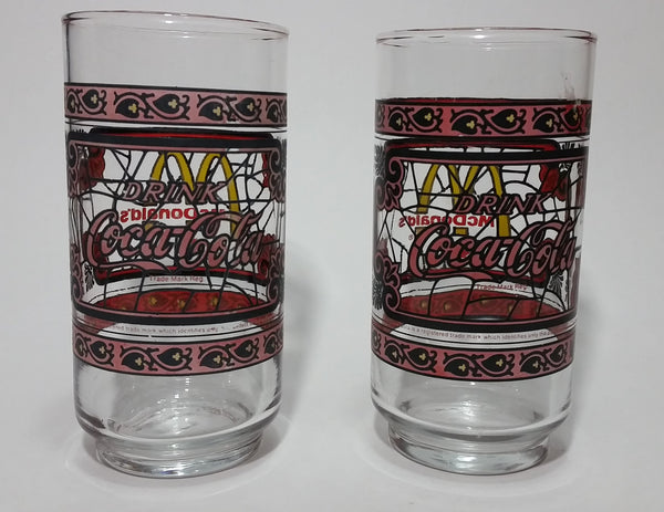 Set of 2 McDonald's Coca-Cola Coke Soda Pop Faded Red (Now Pink) Stained Glass Drinking Cups - Treasure Valley Antiques & Collectibles