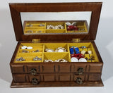 Vintage Carved Wooden Jewelry Box with Mirror and Yellow Felt Lining