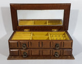 Vintage Carved Wooden Jewelry Box with Mirror and Yellow Felt Lining