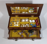 Vintage Carved Wooden Jewelry Box with Mirror and Yellow Felt Lining