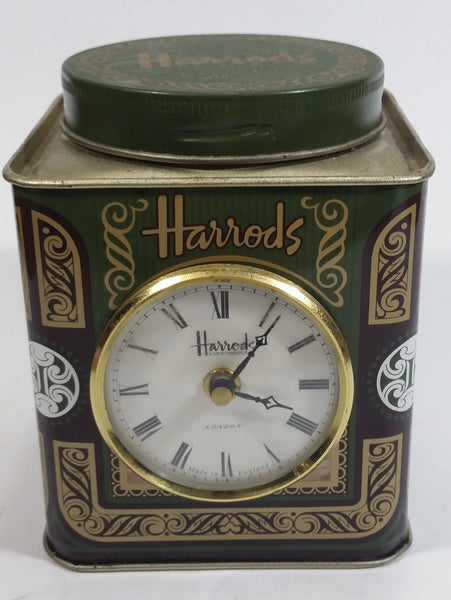 Vintage Hard to Find Harrods Green and Golden Clock in Tin Metal Container Made in Knightsbridge, London, England