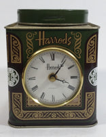 Vintage Hard to Find Harrods Green and Golden Clock in Tin Metal Container Made in Knightsbridge, London, England