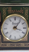 Vintage Hard to Find Harrods Green and Golden Clock in Tin Metal Container Made in Knightsbridge, London, England