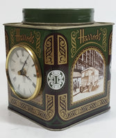 Vintage Hard to Find Harrods Green and Golden Clock in Tin Metal Container Made in Knightsbridge, London, England