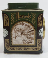 Vintage Hard to Find Harrods Green and Golden Clock in Tin Metal Container Made in Knightsbridge, London, England