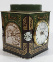 Vintage Hard to Find Harrods Green and Golden Clock in Tin Metal Container Made in Knightsbridge, London, England