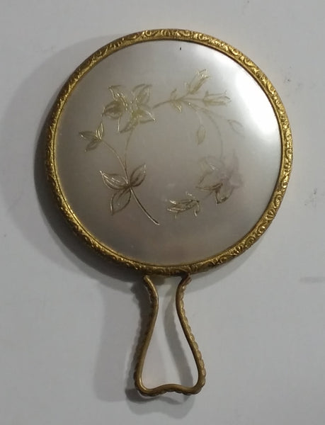 Vintage Gold Filigree Ornate 4" Long Pocket Size Hand Mirror With Flower Decor On The Back