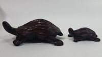 Vintage Beautifully Hand Carved Adult and Baby Turtle Tortoise Wooden Sculptures Set of 2