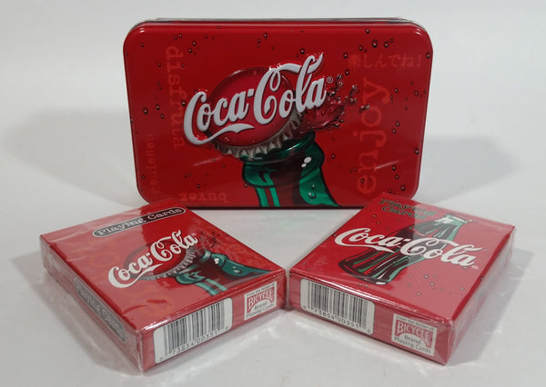 Coca-Cola Coke Soda Pop 2 Packs of Bicycle Brand Playing Cards in Tin Metal Container Beverage Collectible